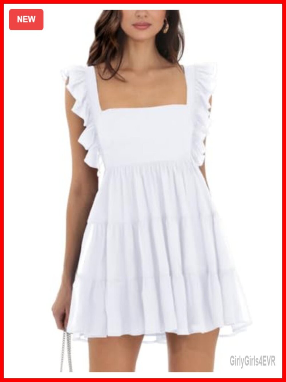 Women's Square Neck Tie Back Ruffle Sleeve Tiered A-Line Mini Dress